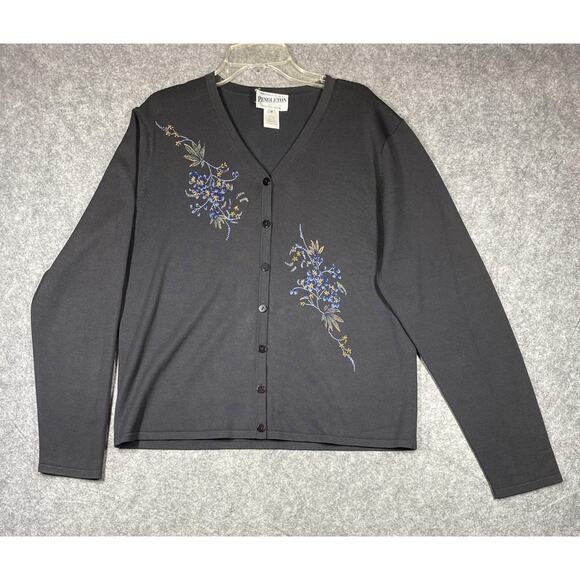 Pendleton Sweater Womens Medium Gray Floral Embroidered Cardigan Button Up Top - Picture 1 of 6